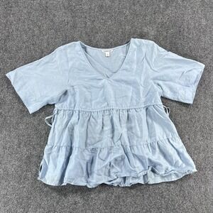 Country Road Shirt Womens 10 Blue Ramie Tiered Ruffle Tunic V Neck Top‎